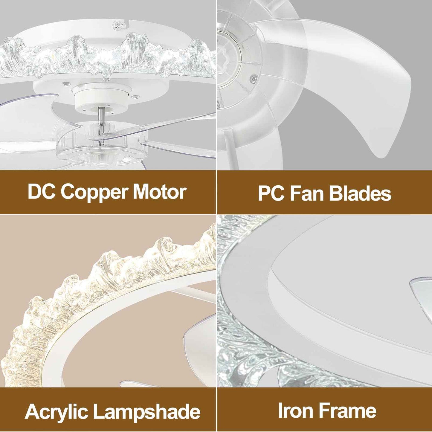 FTZVRD Ceiling Fans with Lights, 24 Inch Ceiling Fan with Light and Remote, Low Profile, Reversible, Dimmable LED, Flush Mount, DC Motor, Fandelier White Ceiling Fan for Bedroom, Kitchen, Office