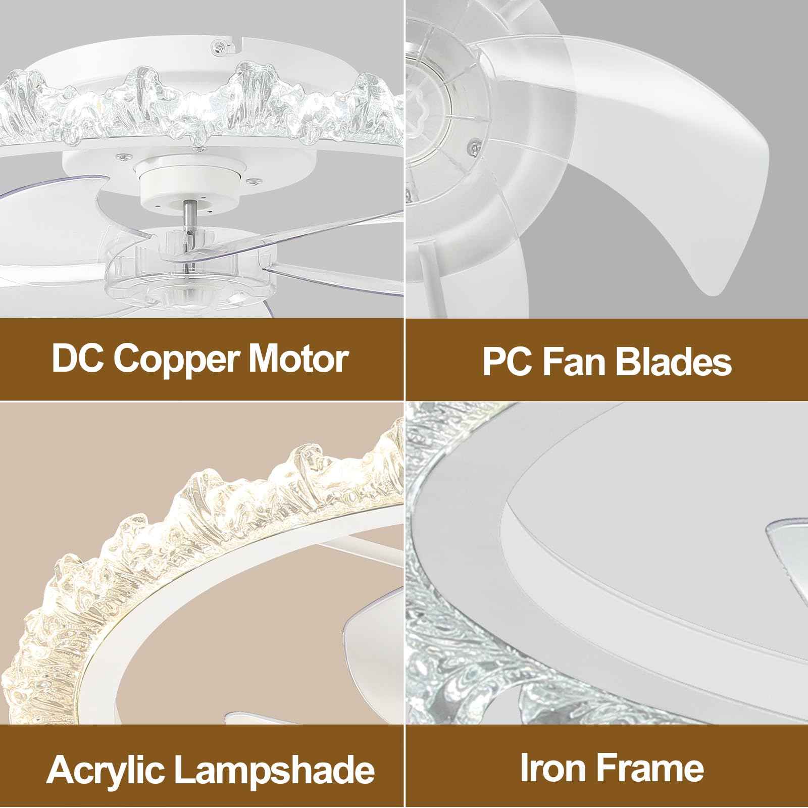 FTZVRD Ceiling Fans with Lights, 24 Inch Ceiling Fan with Light and Remote, Low Profile, Reversible, Dimmable LED, Flush Mount, DC Motor, Fandelier White Ceiling Fan for Bedroom, Kitchen, Office