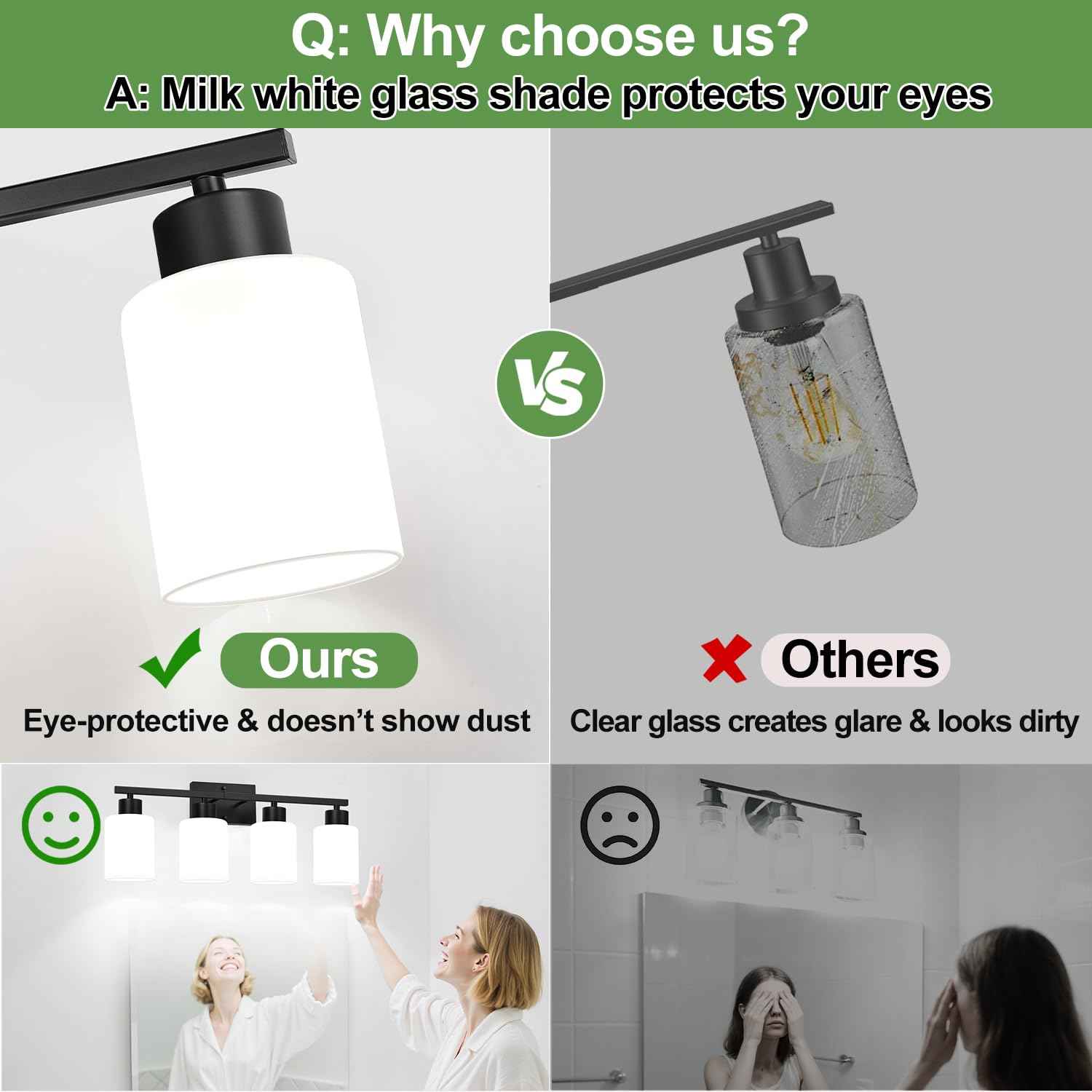 4-Light Bathroom Vanity Light Fixture, Matte Black Finish with Frosted Glass Shades, Modern Bathroom Light Fixtures for Mirror, Living Room, or Bedroom, E26 Socket