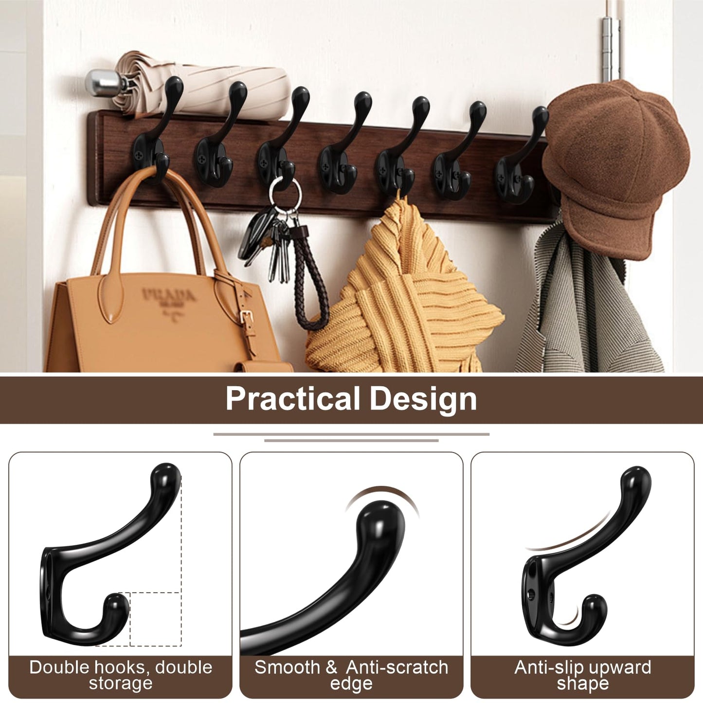 ZBDPOVT Coat Hooks, 16 Pack Black Metal Heavy Duty Screw-in Wall Hooks for Closet, Backpack, Bag, Clothes - Mounted Door Hooks for Classroom, Cubby Organization