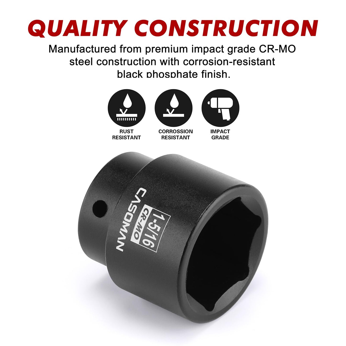 CASOMAN 1/2" Drive x 1-5/16" Impact Socket, 6-Point, SAE, CR-MO