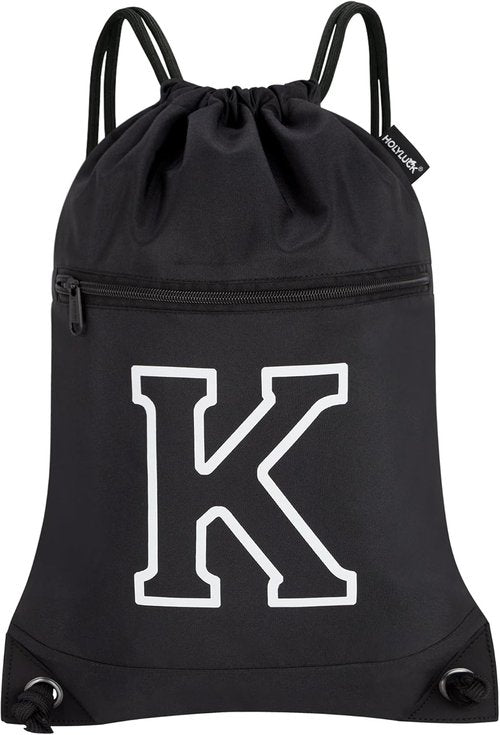 HOLYLUCK Drawstring Bags - Initial Backpack Cinch Sack for Sports, Gym, Travel | Black (K)