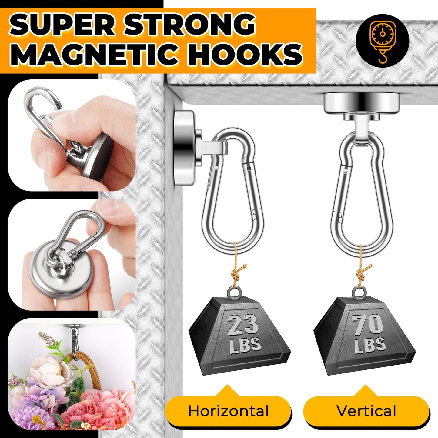 VNDUEEY Strong Magnetic Hooks, 6 Pack 70Lbs Neodymium Grade-52 Magnet Hooks Heavy Duty, Magnets with Swivel Carabiner Hook for Hanging, Cruise, Garage, Refrigerator, Kitchen, Office, Home
