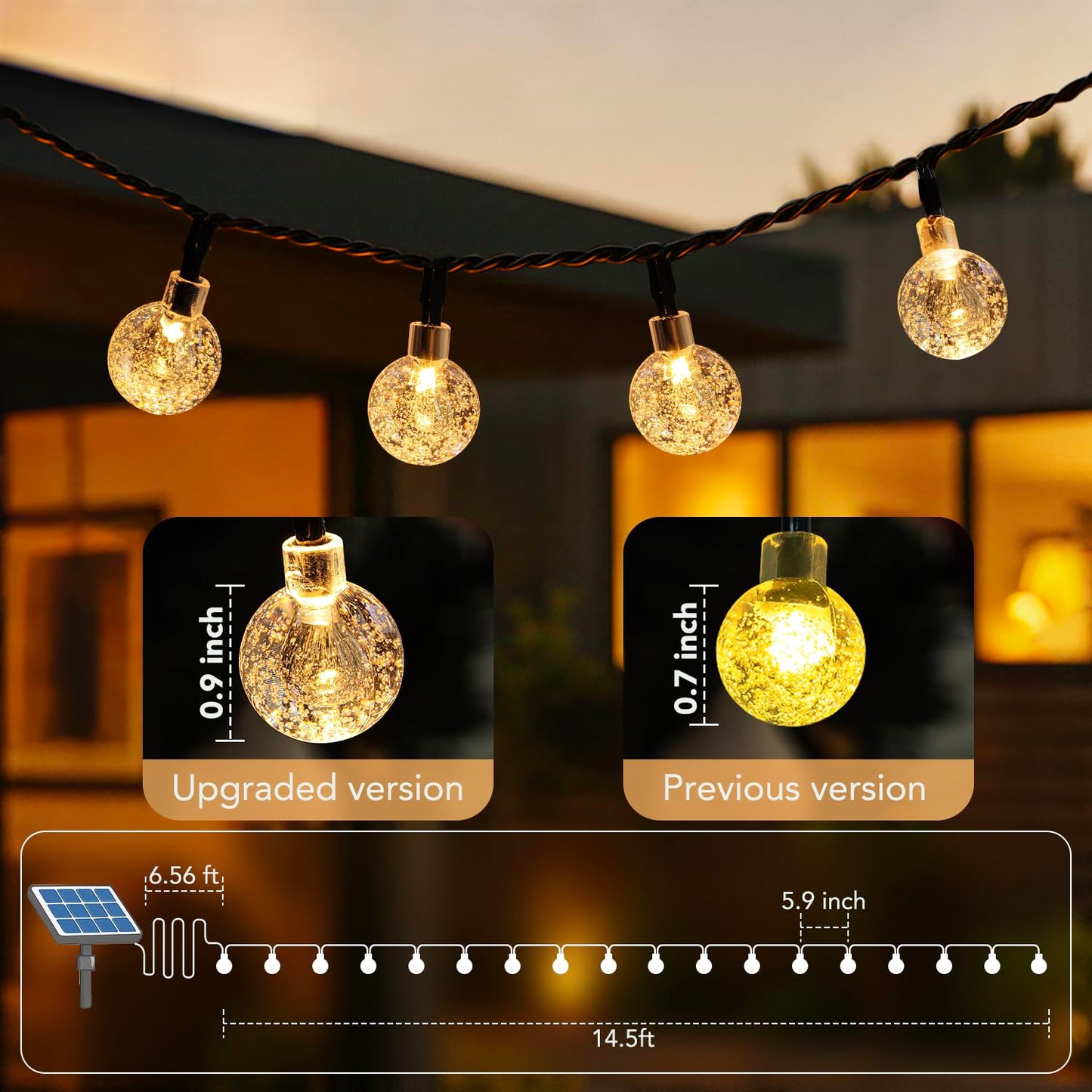 Metaku Solar String Lights for Outside, 20FT 30 LED Crystal Globe String Lights, Solar Powered Outdoor Lights with 8 Lighting Modes, Patio Hanging Lights for Garden, Camping and Party Décor Warm Whit