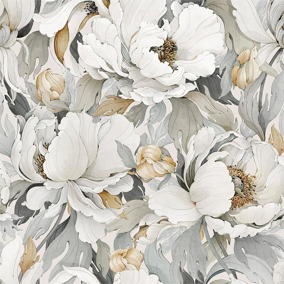 MuralPeel White Poppies Floral Modern Grey Peonies Flowers Peel and Stick Wallpaper Self Adhesive Removable Easy Peel Off Stick on Wall Paper for Bedroom Renter