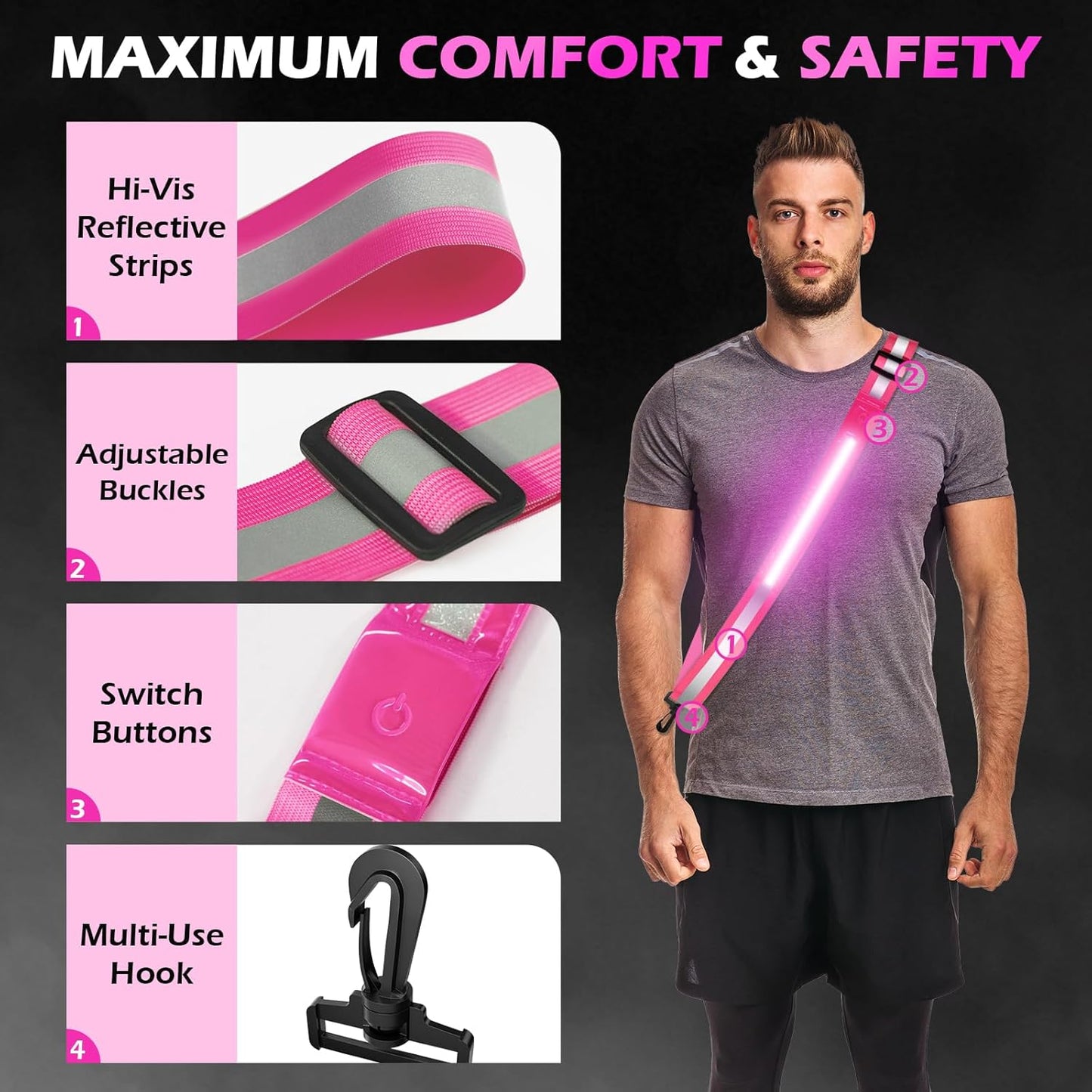 Rechargeable LED Reflective Belt Sash - High Visibility Safety Gear with 11 Light Modes | Adjustable for Night Dog Walking, Running & Biking