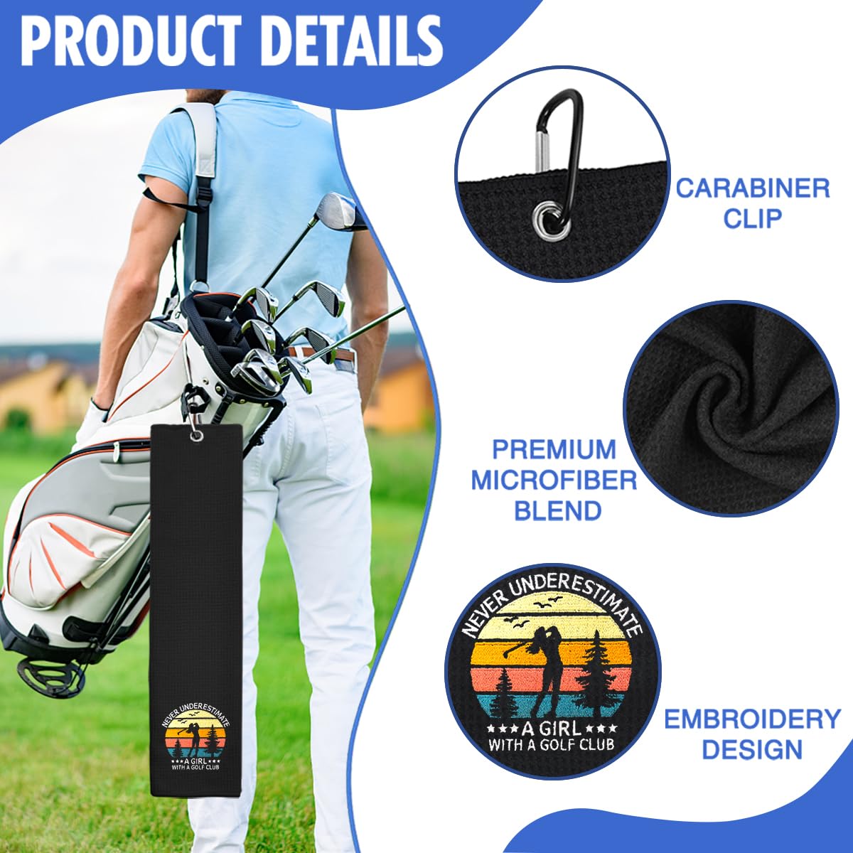 Hafhue Never Underestimate A Girl with A Golf Club Embroidered Golf Towel, Women's Golf Accessory, Birthday Gifts for Women Golfer Fan, Absorbent Microfiber Towel for Bags, Funny Golfs Gifts for Wife
