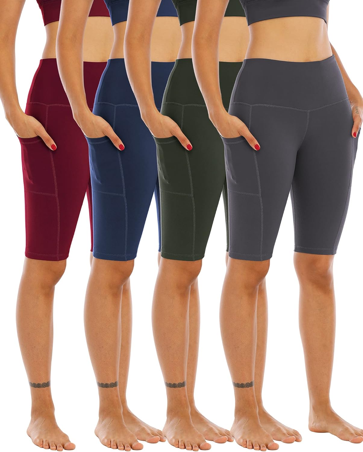 WHOUARE Biker Yoga Shorts - High Waisted with Pockets for Women | 4 Pack Tummy Control Athletic Shorts