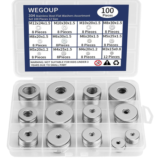 WEGOUP 18-8(304) Stainless Steel Metal Flat Washers for Screws and Bolts, 100 Pieces Assorted Washers Kit (12 Sizes M3-M12), Large and Small Hardware