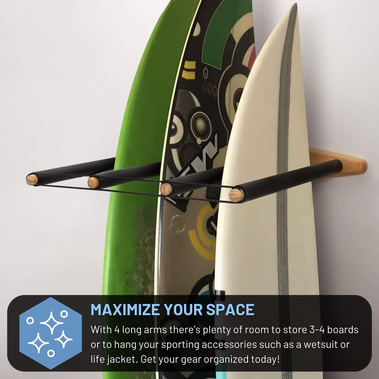 Hang 11 Vertical Surfboard Rack - Surf Racks for Wall (4 arms / 3-4 boards)