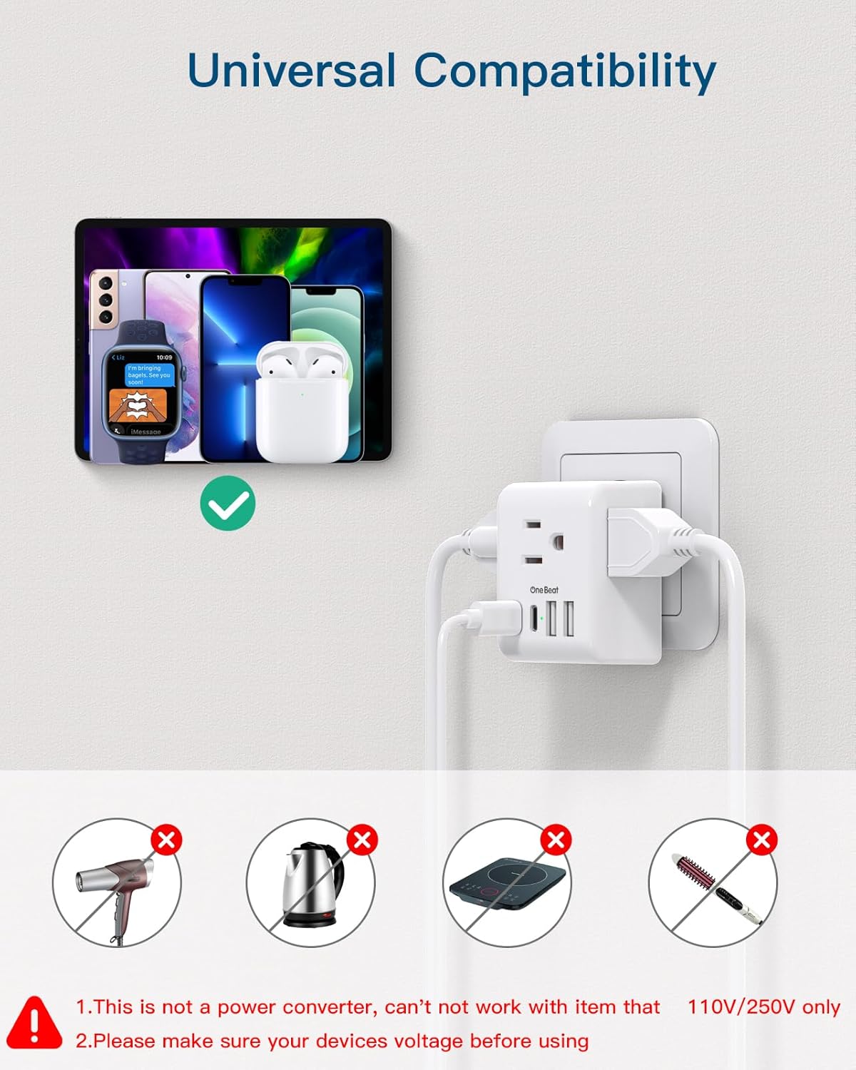 Skiennix European Travel Plug Adapter - 3 Outlets & 4 USB Charging Ports | Type C Plug for EU Travel