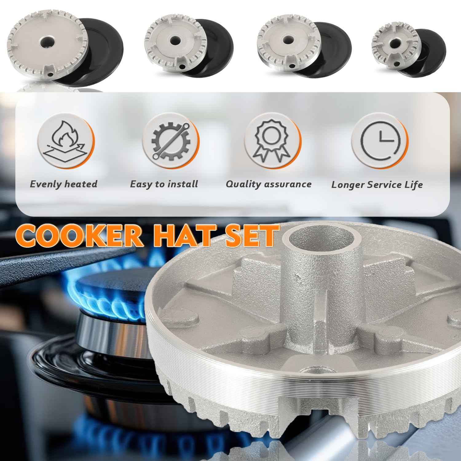 HUAREW Gas Stove Burner Caps Set, Cooker Hat Set Suitable for Most Gas Stove Burners, 1 Large, 1 Small, 2 Middle
