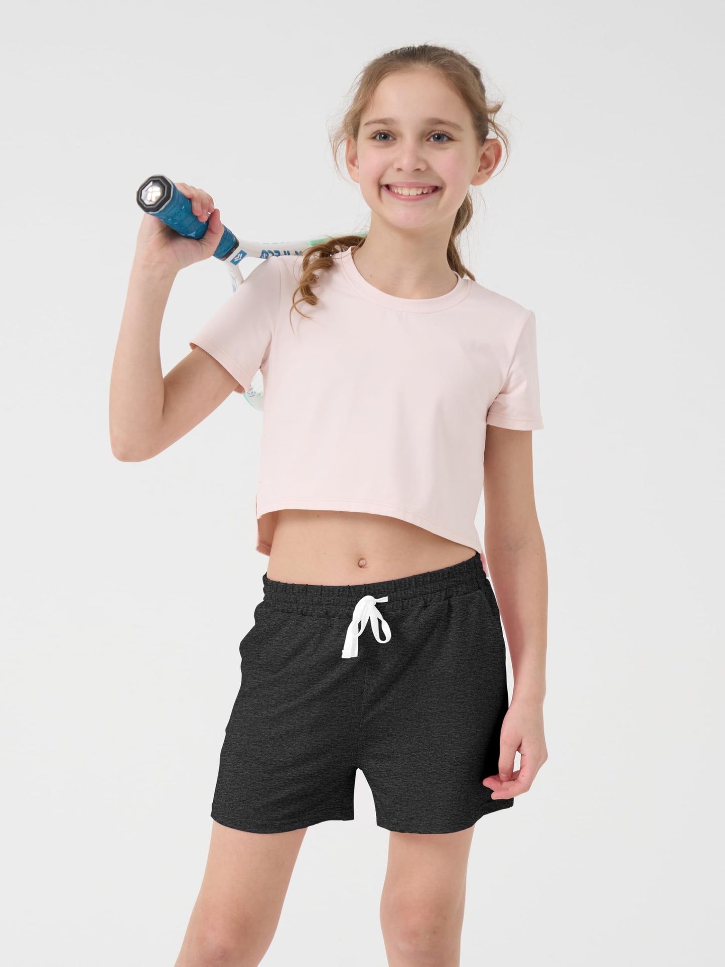 QWE 5 Pack Girls Shorts Athletic Soccer Running Performance Active Dry-Fit Sports Basketball Shorts with Drawstring Pocket SetA 14-16 Years