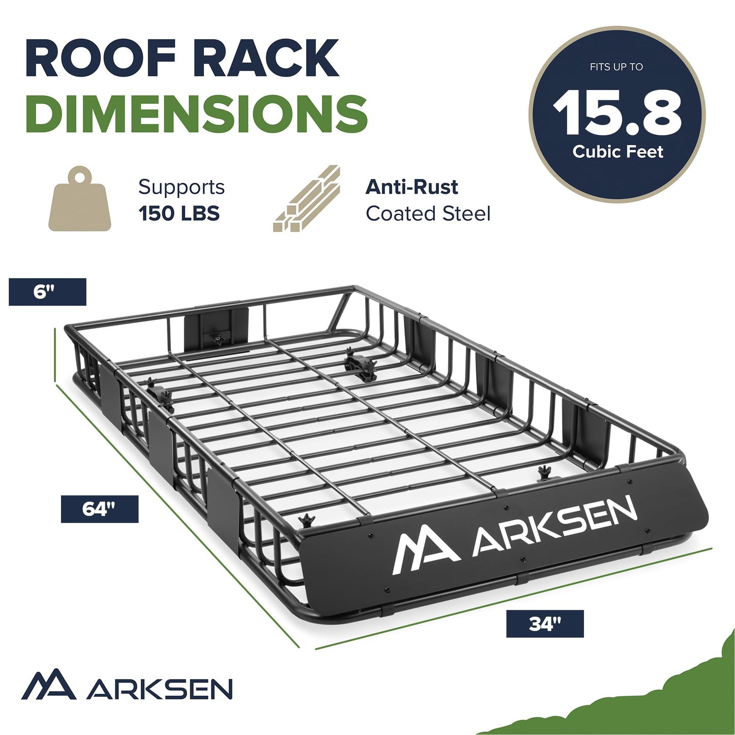 ARKSEN 64" x 34" x 6" Roof Rack Cargo Basket with Extension, 150 LBS Universal Heavy Duty Steel Rooftop Carrier with Waterproof Bag, Cargo Net & Tie Down Straps for SUV, Truck, RV, Pickup