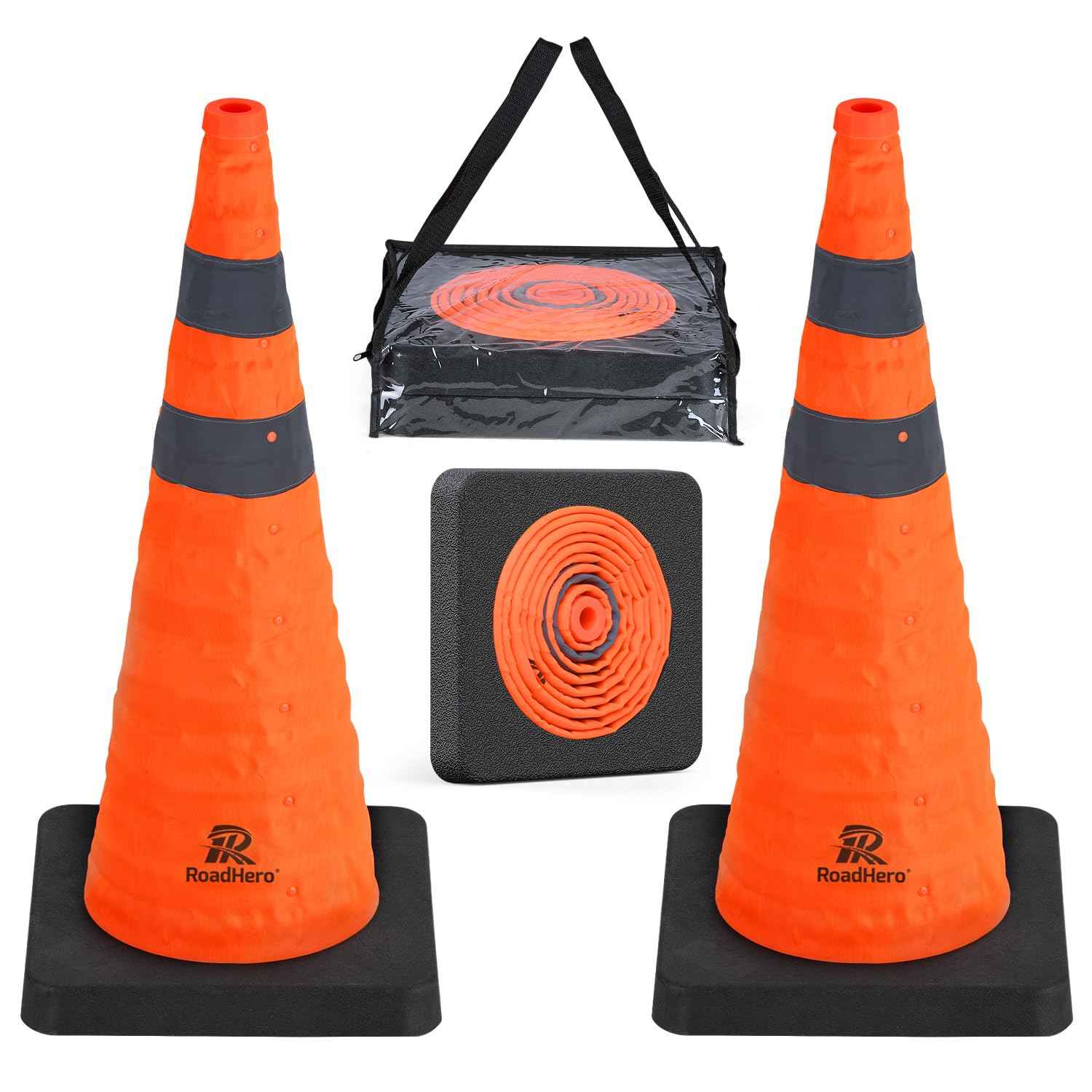 28 Inch Collapsible Traffic Safety Cones - Weighted Base & Reflective Collars, 4 Pack