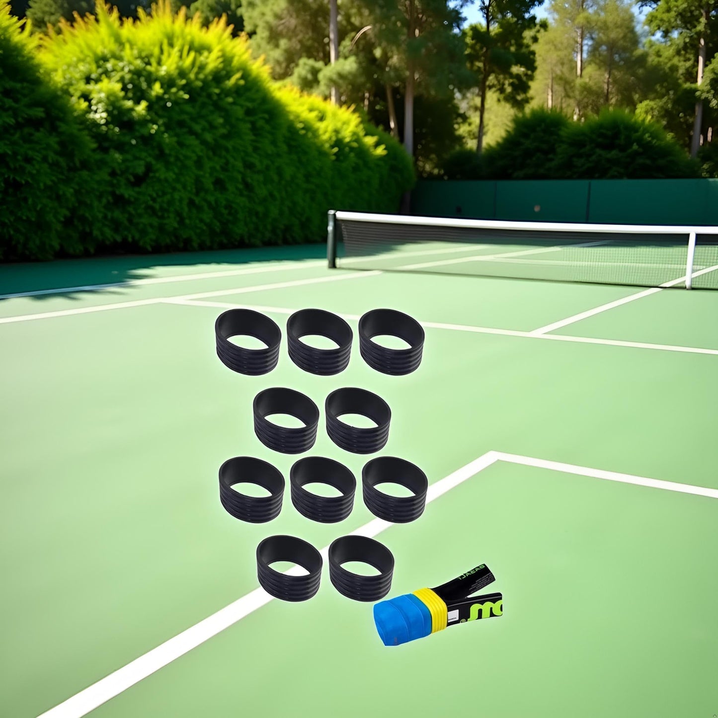 Myuiao 10Pcs Black Tennis Racket Handle Rubber Ring Stretchy Tennis Racquet Band Overgrips, Tennis Racket Grips, Racquet Accessories