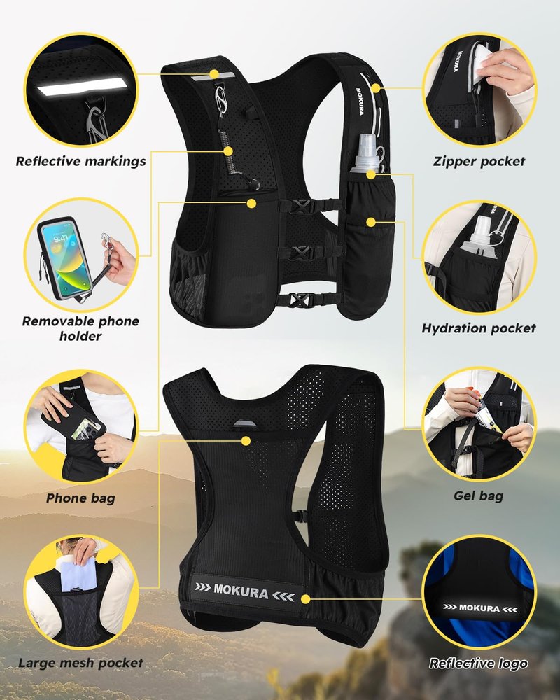 MOKURA Running Vest for Women Men, Lightweight Hydration Vest with 500ML Soft Flask & Phone Holder, Reflective Running Backpack, Adjustable Run Pack Water Bottle, Runner Marathon Essentials, Black