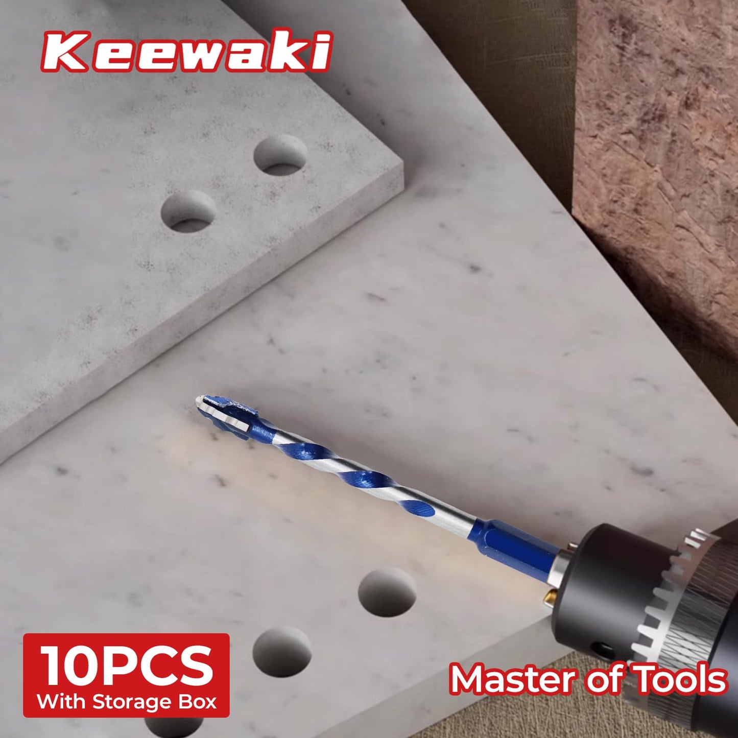 Keewaki Cross-Tip Carbide Drill Bits with Serrated Teeth, 10-Piece Masonry Drill Bit Set for Tile, Concrete, Brick, Wood – Hex Shank Ceramic Drill Bits with Storage Case