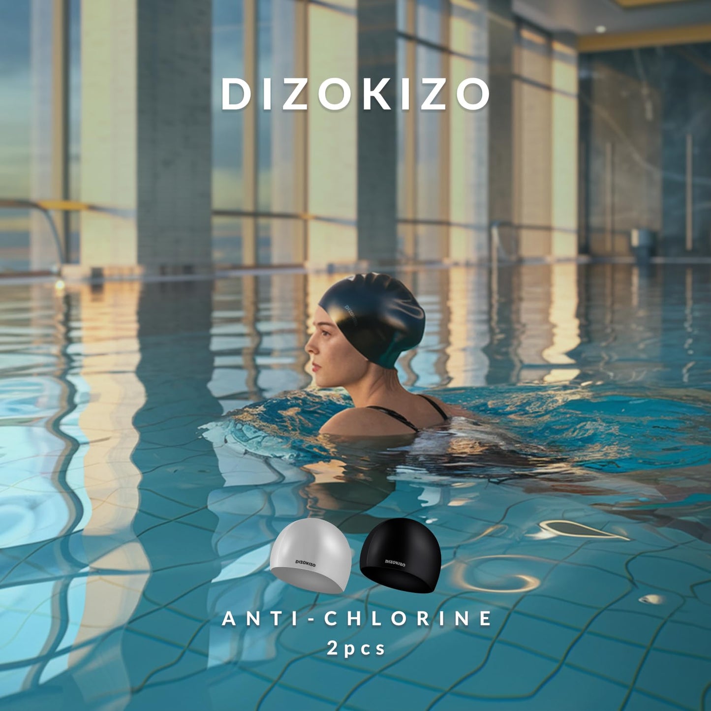 Dizokizo 2pcs High Elasticity Silicone Swim Cap for Women and Men, Comfortable Non-Slip Swimming Caps for Long and Short Hair, Durable Waterproof Swim Hats for Adults, Keep Hair Dry (Grey & Black)