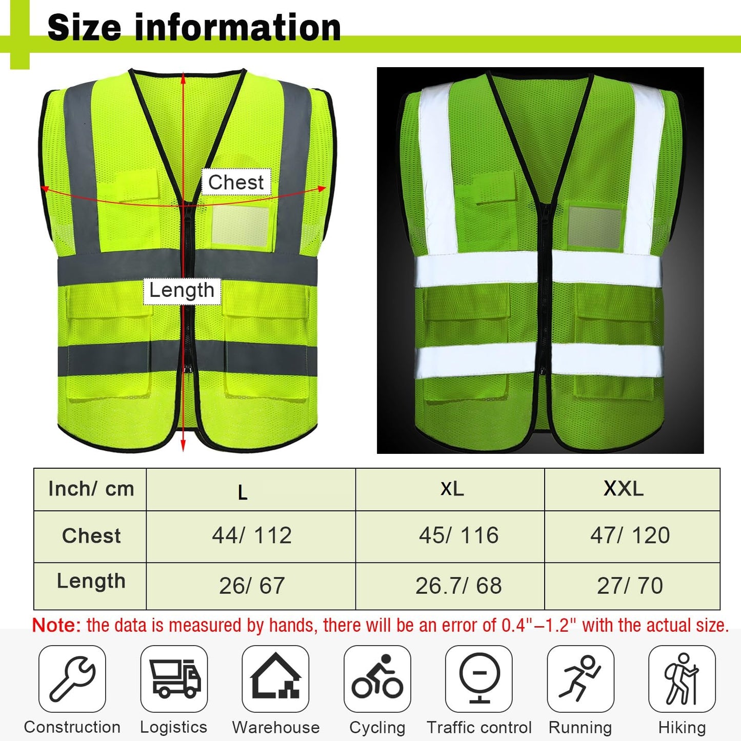 JenPen 10 Pieces Reflective Safety Vests with Pockets and Zipper, High Visibility Mesh Construction Vest for Men Women (XXL)
