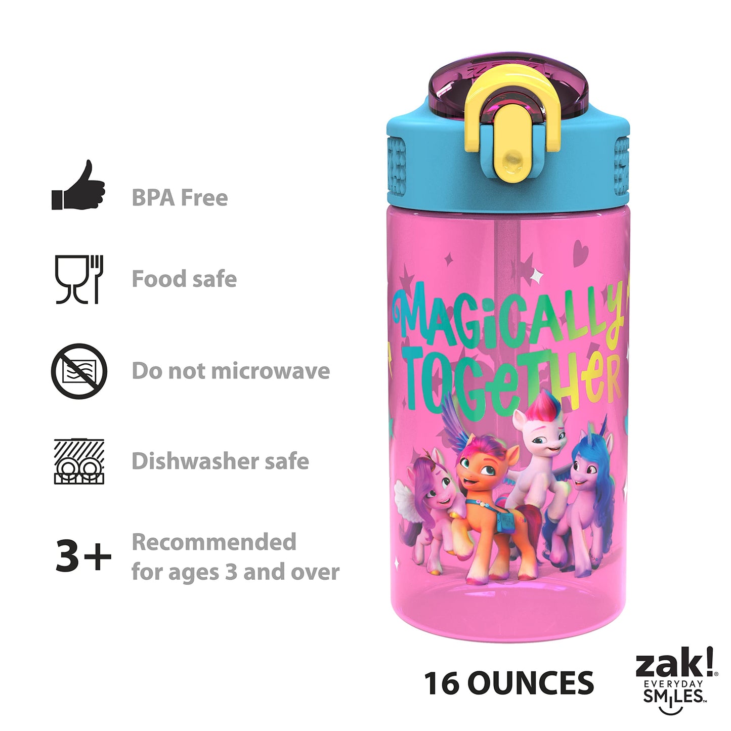 Zak Designs Kids Durable Plastic Spout Cover and Built-in Carrying Loop, Leak-Proof Water Design for Travel, (16oz, 2pc Set), My Little Pony 2pk