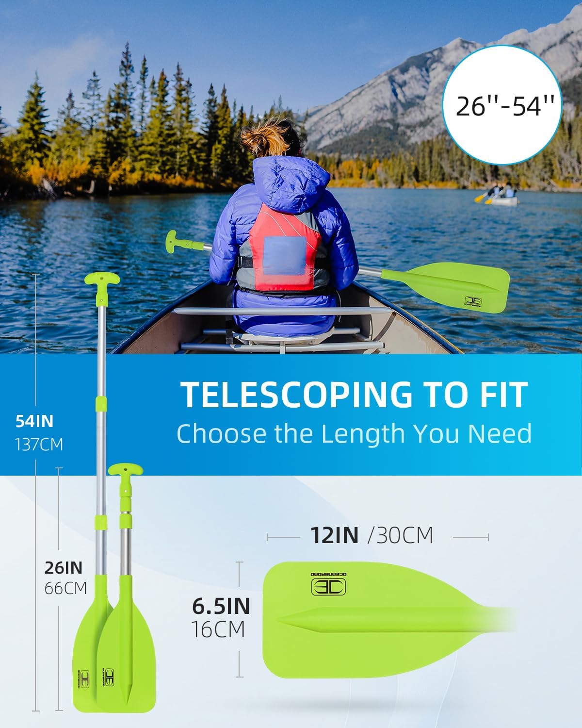 OCEANBROAD Telescoping Emergency Paddle - Adjustable 21''-42'' or 26''-54'' Aluminum Shaft for Kayaking & Canoeing