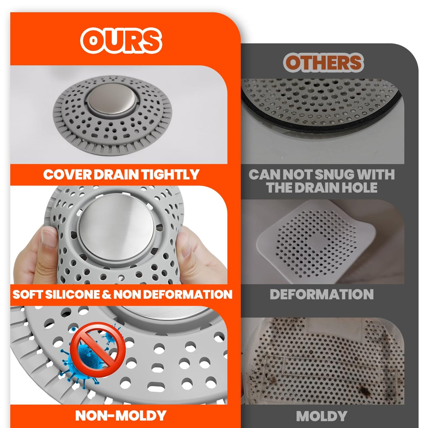 Nipoko Shower Drain Hair Catcher, Upgraded 2Pack Premium Silicone Drain Protector & Shower Drain Cover for Regular Floor Drains of Shower Room, Bathroom, 304 Stainless Steel, Gray