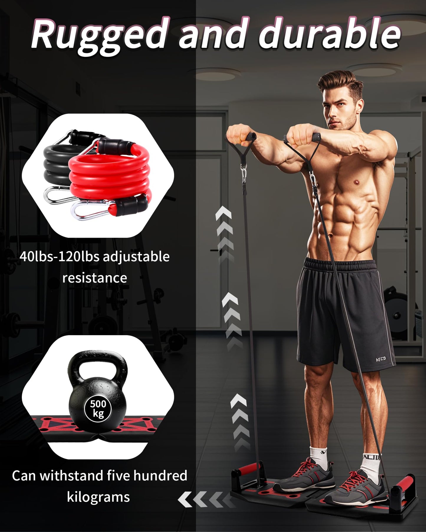 LAKXSF Work out Push up Board for Home Gym, Pilates Workout Exercise Resistance Band Set with Handles, Pushup Board Gift for Men and Women, Essential Shoulder Strength Training Goods Equipment Kit