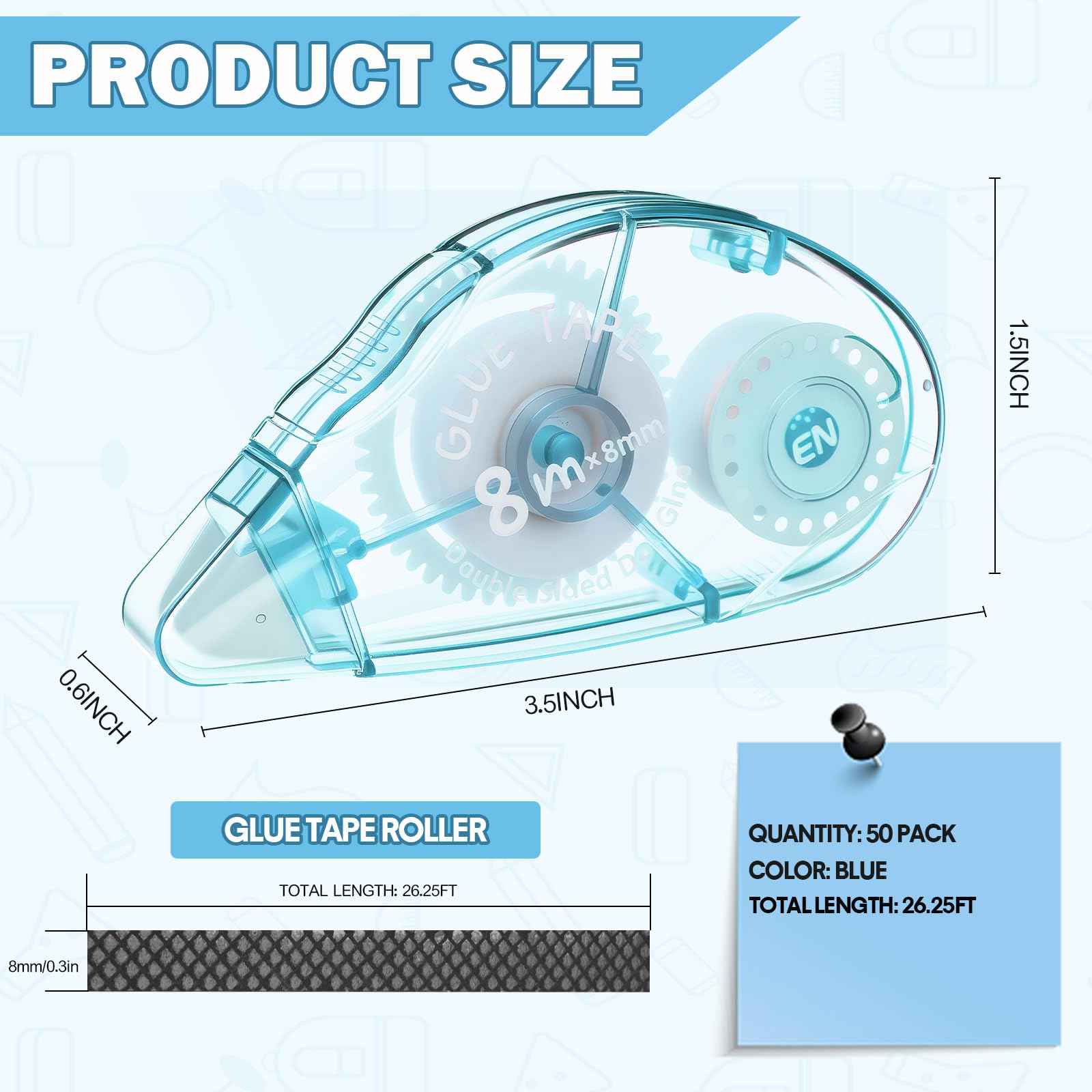 AmazingSpark 50 Pack Double Sided Tape Bulk, Glue Tape Roller 0.3 Inch × 26.25 ft Adhesive Dot Roller Applicators for Journaling Scrapbook Supplies Crafts Gift Wrapping(Bule)