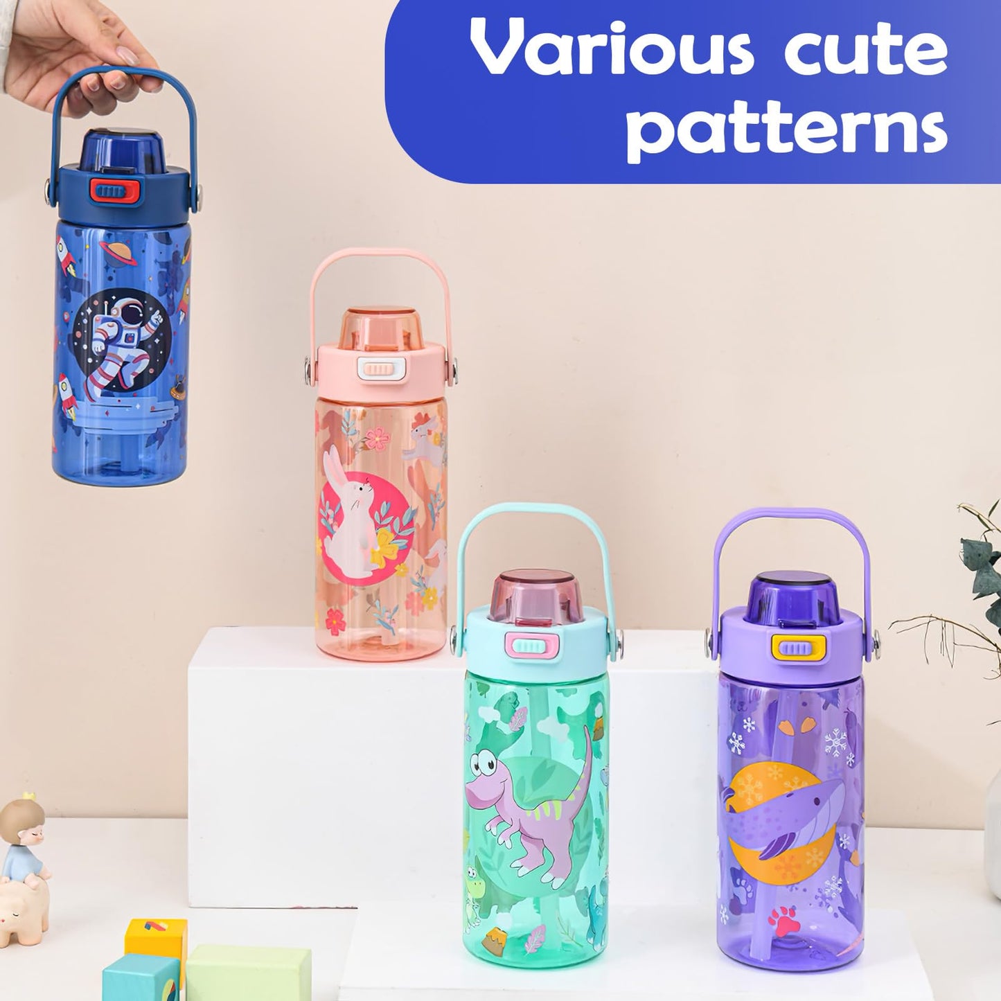 alldomess 20oz Kids Water Bottle For School or Travel, Leak-Proof & Dishwasher, Durable Plastic Sport Water Bottle With Straw and Handle, Astronaut