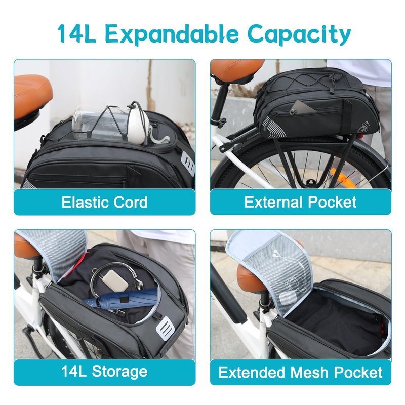 YEEGO DIRECT Bike Rack Bag, 14L Expandable Capacity Bike Bags for Bicycles Rear Rack,Water-resistant Bike Trunk Bag, Bike Panniers Reflective Design, Crossbody Shoulder Bag for Commuting Outings