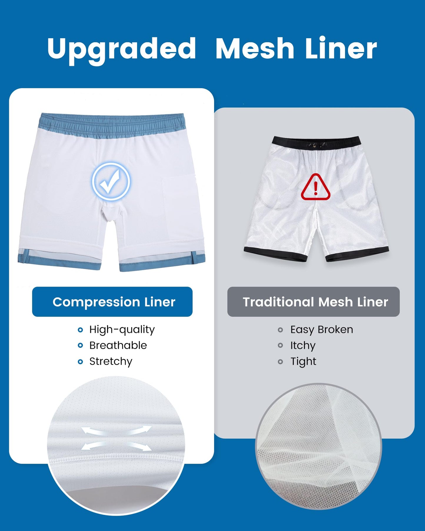 maamgic Mens Swim Trunks with Compression Liner 7 Inch Inseam Mens Bathing Suit Quick Dry Swimming Trunks Swimsuit Haze Blue and White Medium