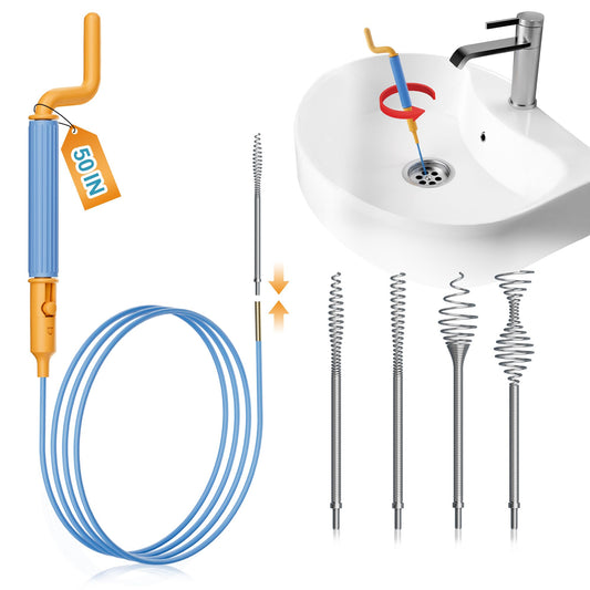 50 Inch Drain Snake Hair Drain Clog Remover, Replaceable & Reusable Sink Snake with 5 Spring Heads & Rotating Handle, Anti-break Steel Sink Drain Cleaner for Bathroom, Shower, Bathtub