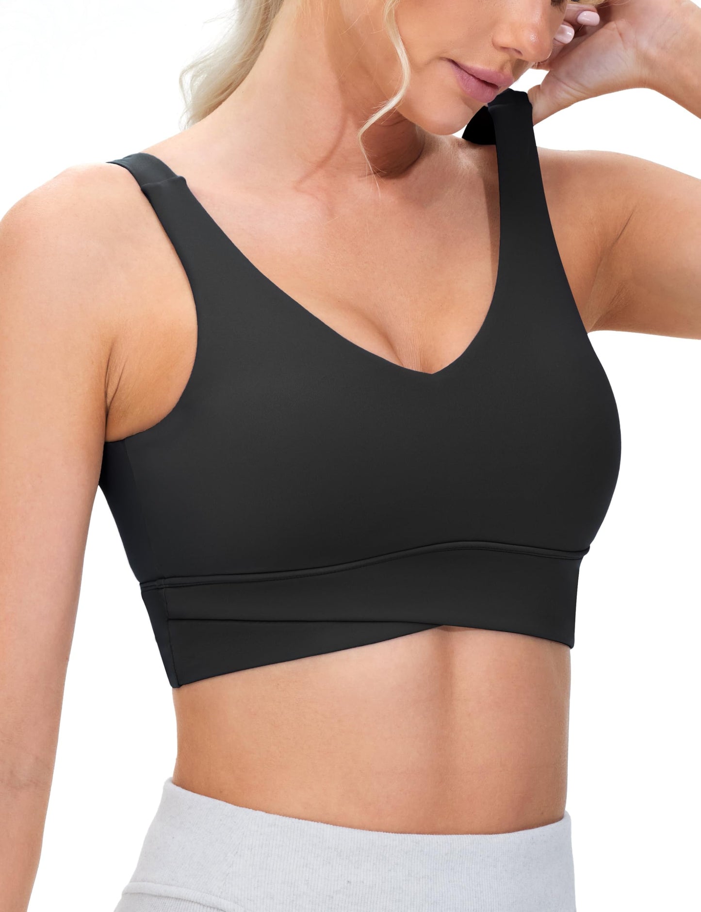 THE GYM PEOPLE Women's Padded Sports Bra V-Neck Wireless Stretchy Workout Crop Tops with Cross Hem Soft Yoga Bras Black