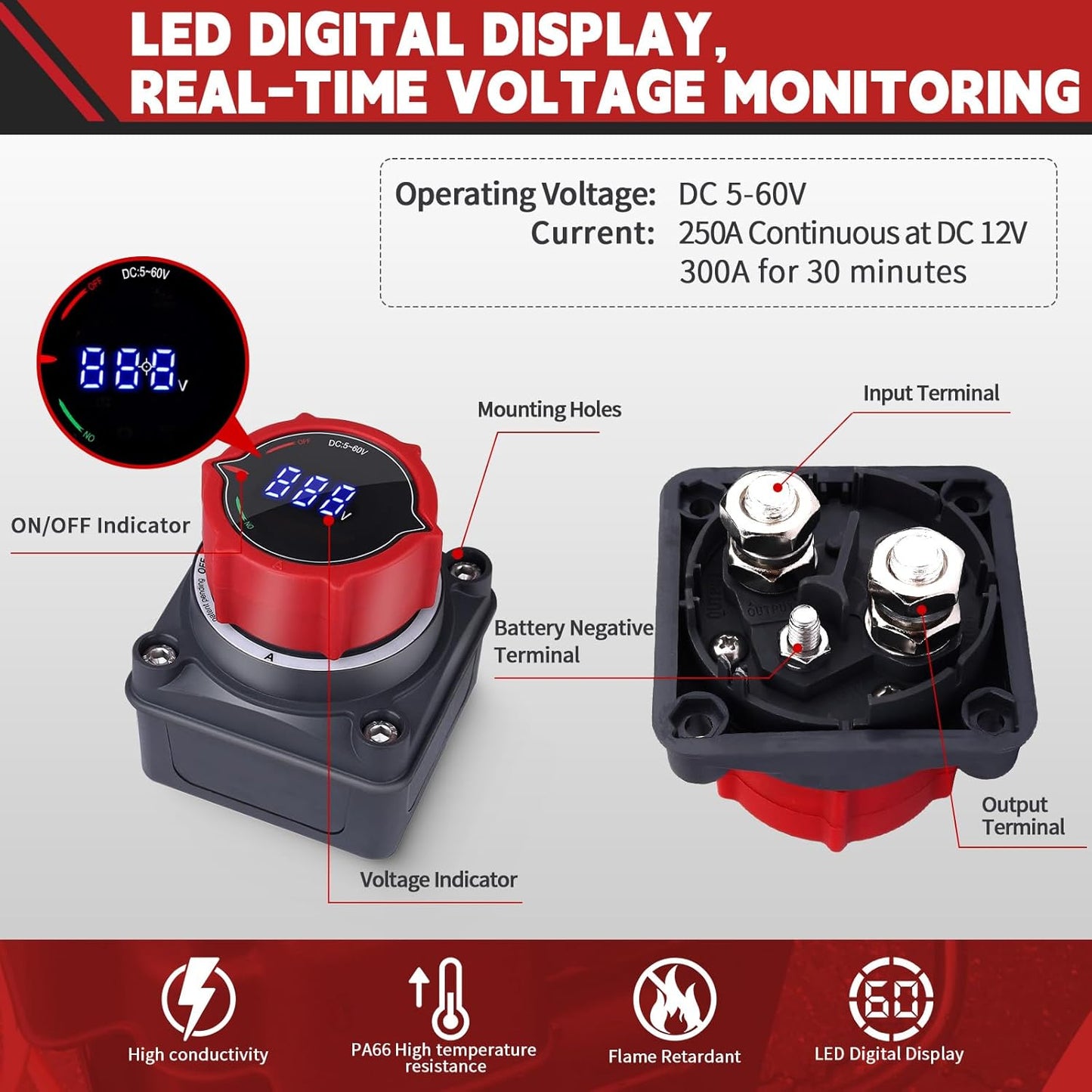 AWBLIN Battery Disconnect Switch - Upgrade with Voltmeter for Marine, Car, Truck, RV | DC 5-60V Isolator