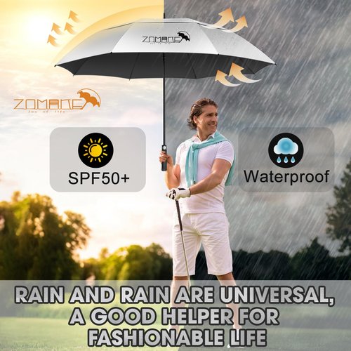 ZOMAKE Large Golf Umbrella UV Potection,62 Inch UV Blocking SPF Umbrellas for Sun Protection Windproof Heavy Duty Vented Double Canopy(Silver,Black)