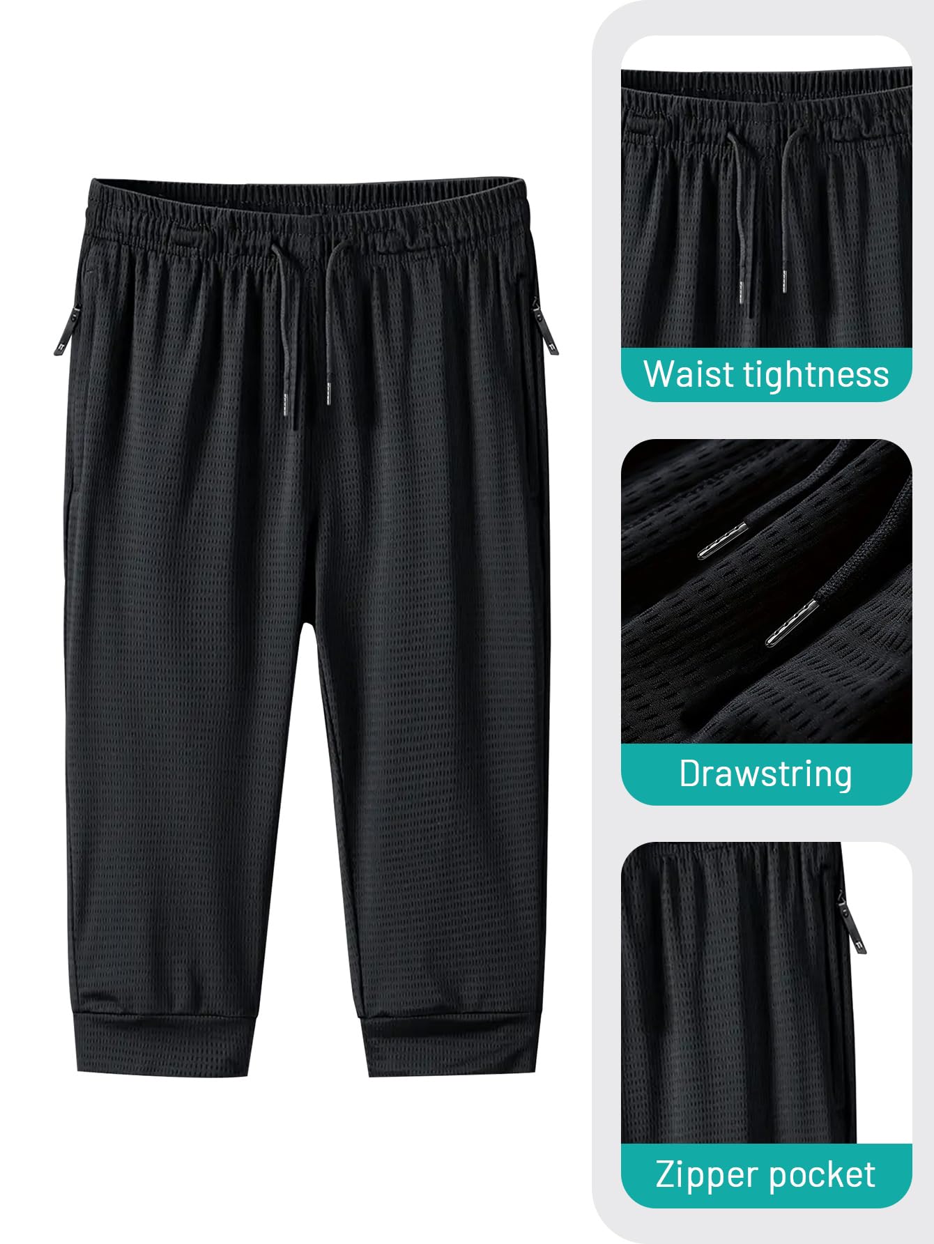 Hidkat Men's Capri Pants 3/4 Long Jogger Sport Shorts,Workout/Gym/Yoga/Beach Shorts Quick Dry with Zipper Pockets Black