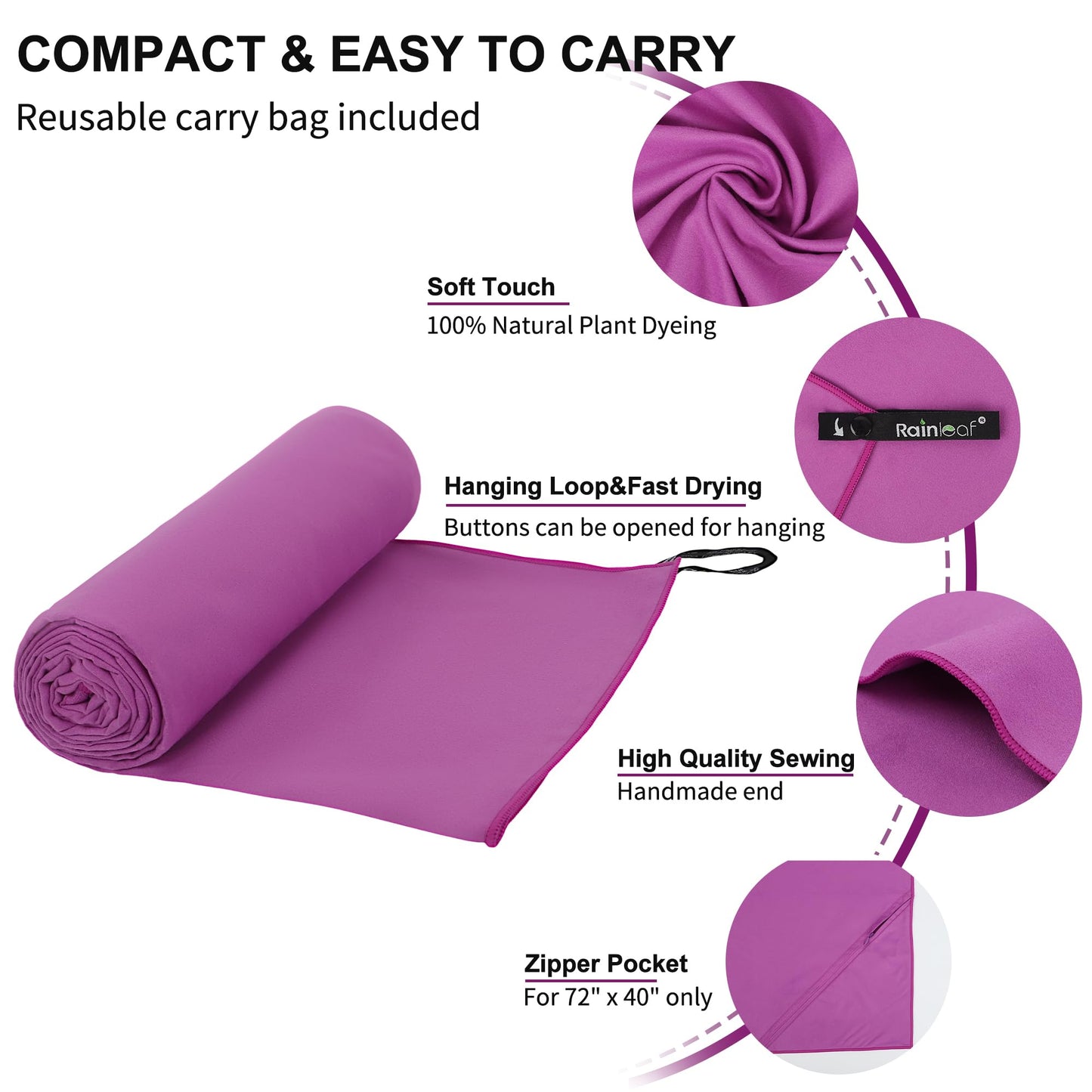 Rainleaf Microfiber Towel, 30 X 60 Inches. Purple (Pack of 2)