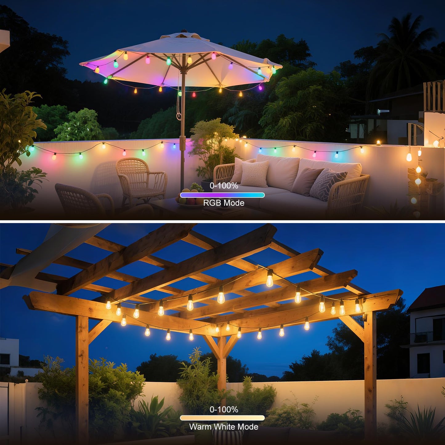 LSODLX Outdoor String Lights 96ft(2×48ft), Patio Lights with 30 Dimmable LED Bulbs, RGBW & Warm White, IP66 Waterproof, Shatterproof, APP & Remote Control, Color Change, Customizable for Backyard