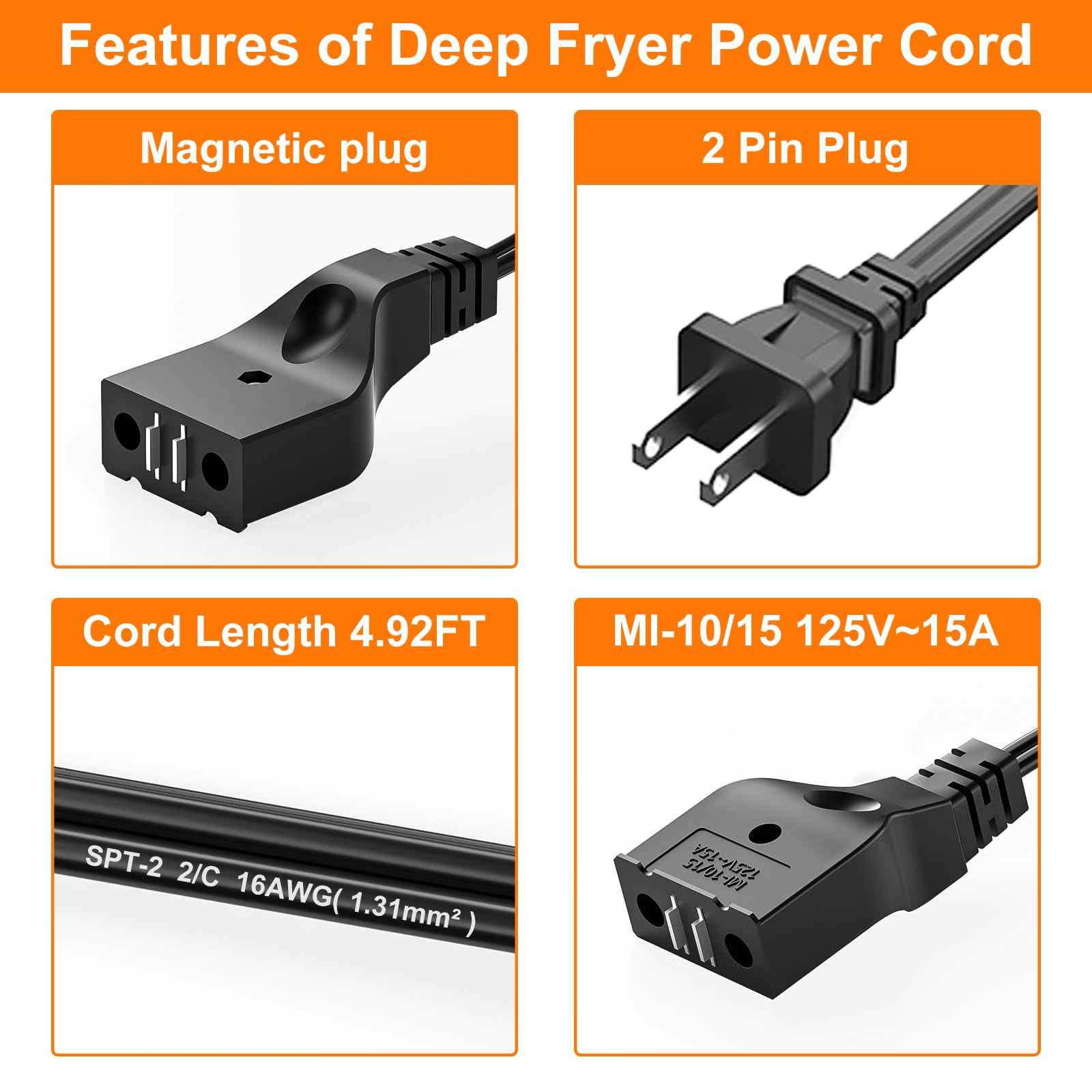 VASTHOME 5FT Deep Fryer Cord Replacment for Hamilton Beach/Butterball Turkey/Secura/Mastercraft Deep Fryer Power Cord -16 AWG Flat Power Cord Replacement Part