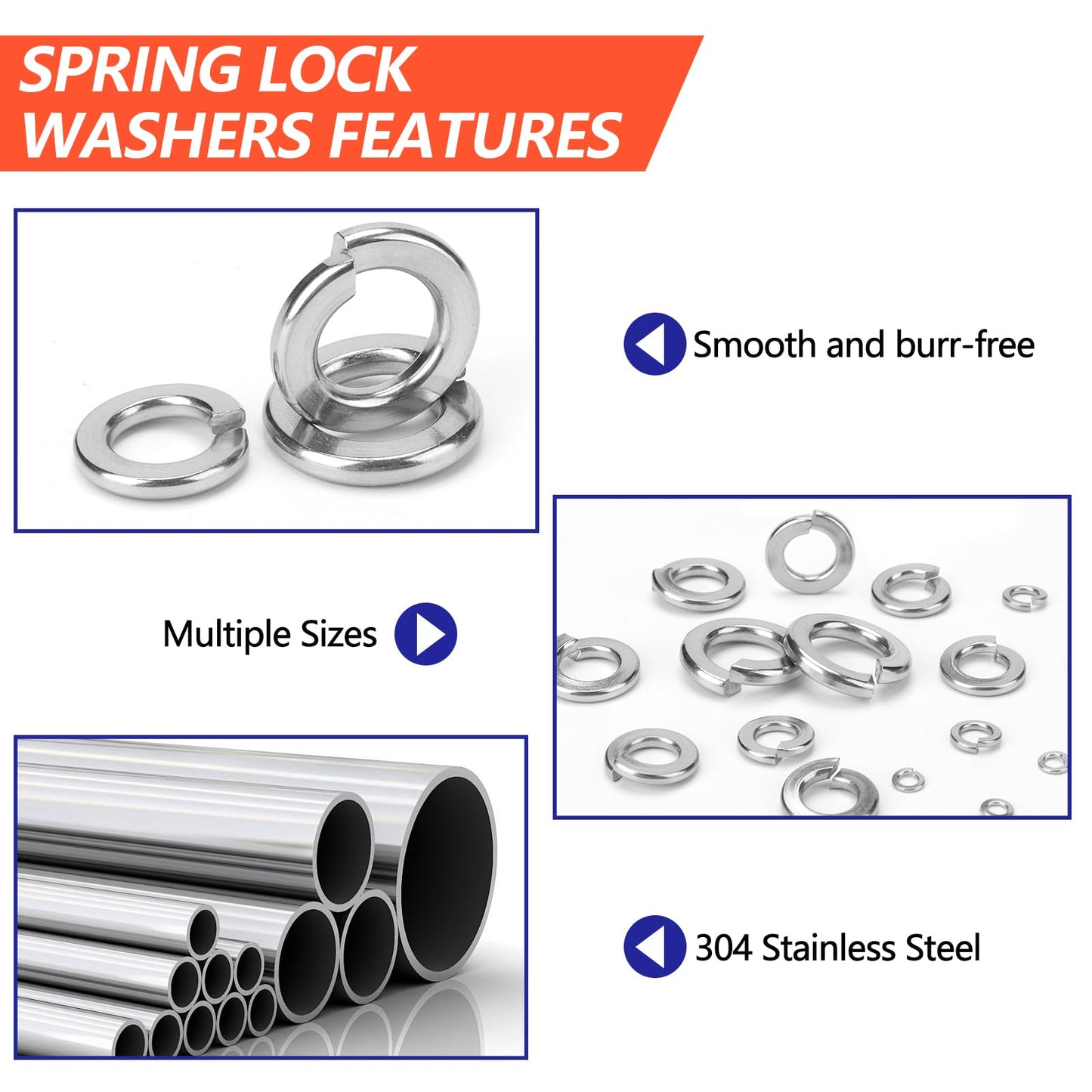 1000 Pcs Spring Lock Washers Assortment Kit – 9 SAE Sizes Split Lock Washers, 304 Stainless Steel Washers for Screws and Bolts (#4, #6, #8, #10, #12, 1/4", 5/16", 3/8", 1/2")