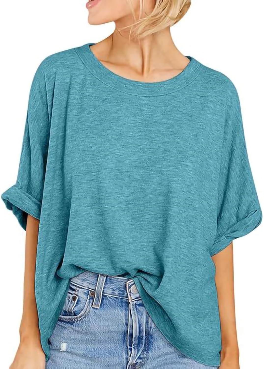 Skiennix Summer Top - Women's Casual Oversized Crewneck Blouse | Trendy 3/4 Length Sleeve, Soft Gym Tee