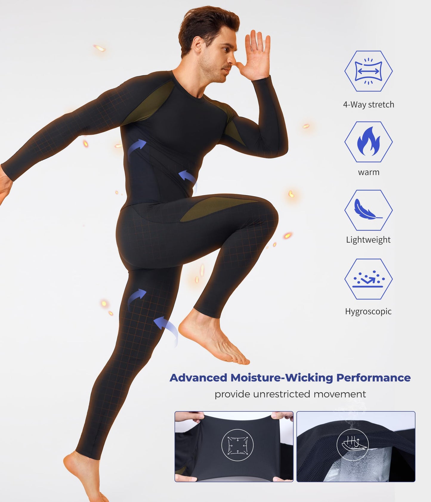 TAILONG Thermal Underwear for Men Long Johns With Fleece Lined Base Layer Hunting Gear Bottom Top Set for Cold Weather Black