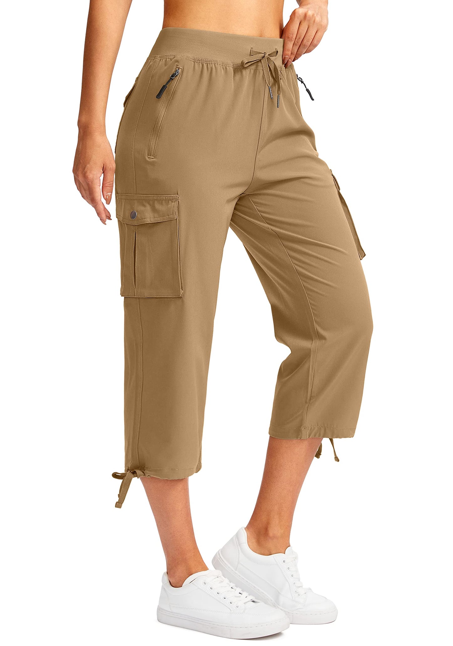 Soothfeel Women's Cargo Capris Pants with 6 Pockets Lightweight Quick Dry Travel Hiking Summer Pants for Women Casual (Dark Khaki, S)