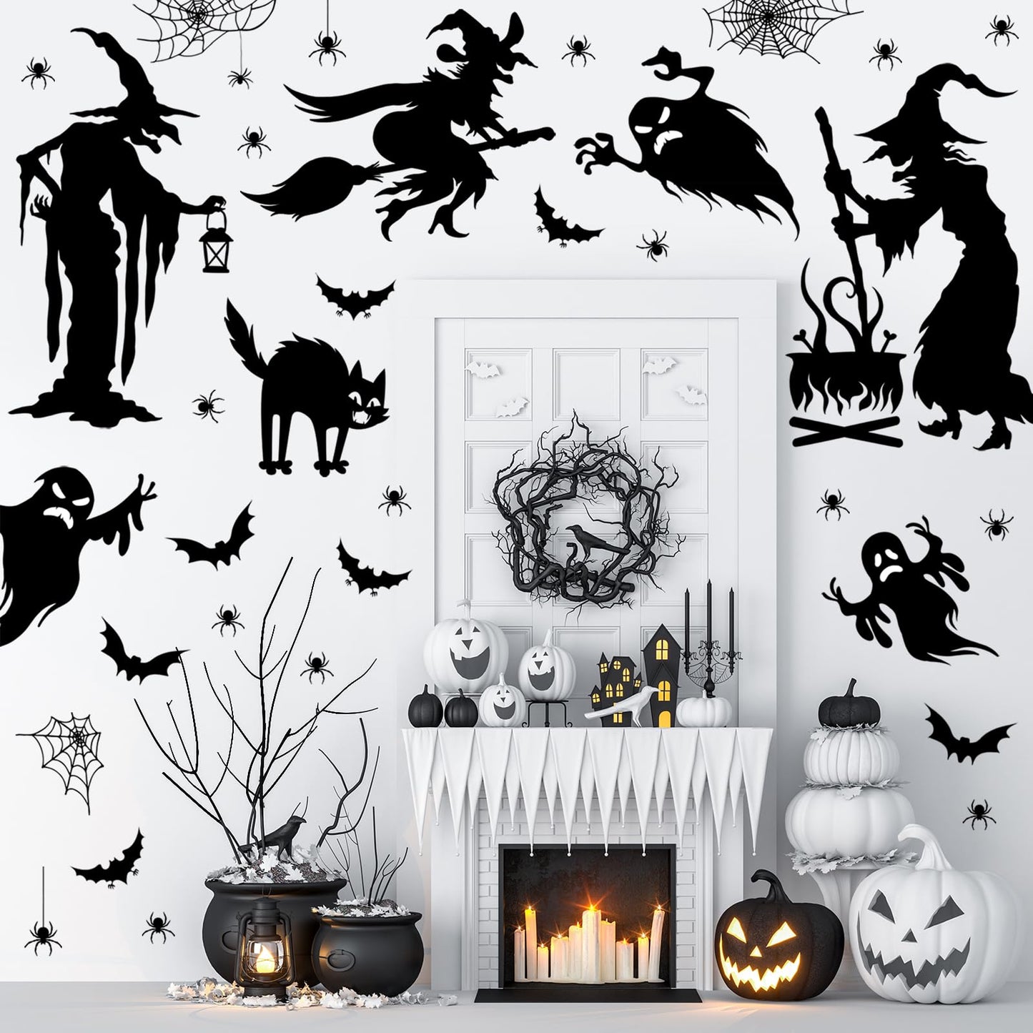 Cholemy Halloween Wall Decals - 4 Sheets, 35.4 x 11.8 Inch Large Witch Spider Bat Pumpkin Stickers, Removable Clings for Home Party Decor Supplies