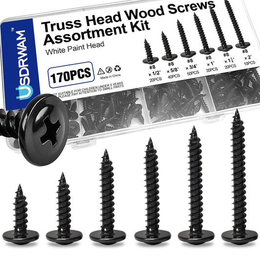 170 PCS #8 Black Wood Self Tapping Screws Assortment Kit, Carbon Steel Wood Screws Set 6 Size(1/2", 5/8", 3/4", 1", 1-1/4", 2")
