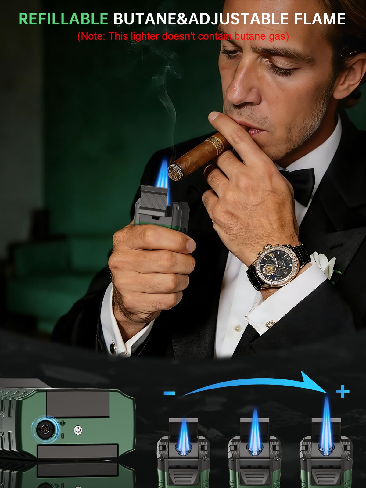 6-in-1 Torch Cigar Lighter with Triple Jet Flame, Dual Cigar Cutter, Punch, Draw Enhancer, Holder, Refillable Butane Lighter with Gift Box, Cool Lighters Cigar Accessories for Smoking, Travel, Candles