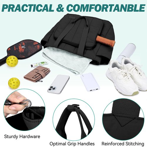 Chase Chic Pickleball Tote Bag for Women,Lightweight Puffer Quilted Crossbody Shoulder Bag Pickle Ball Paddle Holder for Gym Sports,Black