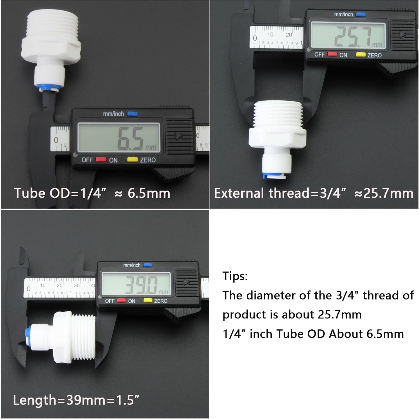 3/4" Male Thread to 1/4" OD PE Tube Straight, Push-to-Connect, RO Filter Hose Double Joint, Pre-Purifier, Water Purifier Plastic Adapter, MNPT Plastic Fittings (3 PCS)