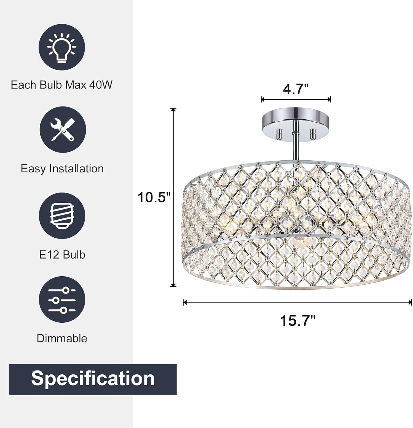 Modern Black Crystal Semi Flush Mount Ceiling Light Fixture - 11.2" Round Chandelier for Dining Room, Hallway, Kitchen & Bedroom
